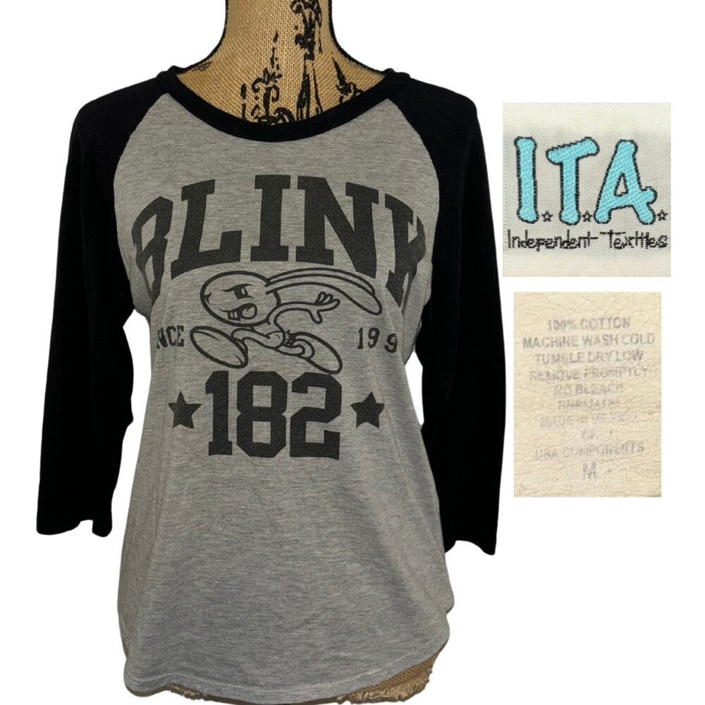 Y2k Blink 182 Graphic Baseball Tee Gray Black Size Medium Band T Shirt Pop Punk